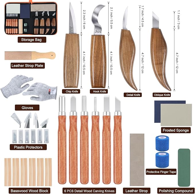Fohil 33-IN-1 Wood Carving Kits with Detail Carving Knife, Whittling Knife, Wood Carving Tools for Adults Beginners, Whittling Kit with 6pcs Woods Block, DIY Gift for Adults