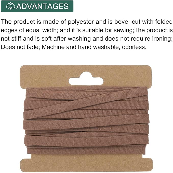MECCANIXITY 1/4 Inch Double Fold Bias Tape Continuous Bulk Cotton Bias Tape for Sewing Seaming Quilting Hemming Binding Crafts (Coffee 6 Yards)