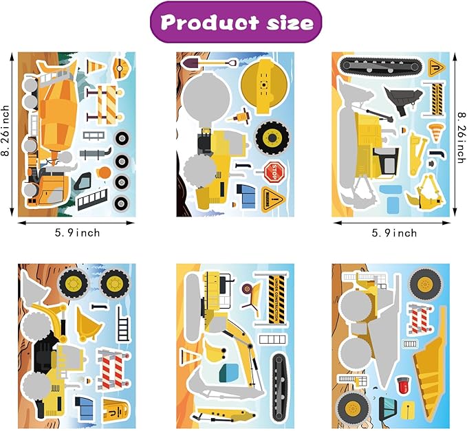 24 Sheets Make Your Own Construction Vehicle Stickers for Kids Boys, Make-a-Face Engineering Vehicles Fire Trucks Excavator for Construction Themed Party Favors