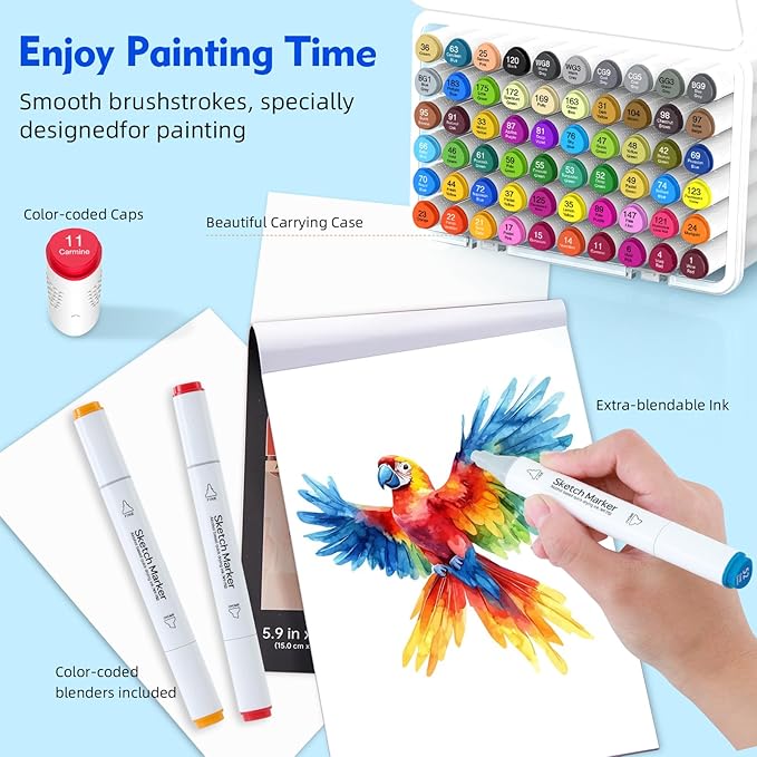 80 Colors Alcohol Based Markers，Dual Tip （Chisel & Fine） Permanent Drawing Markers Set for Adult and kids Coloring Books, Sketching, Illustration, with Clear Box