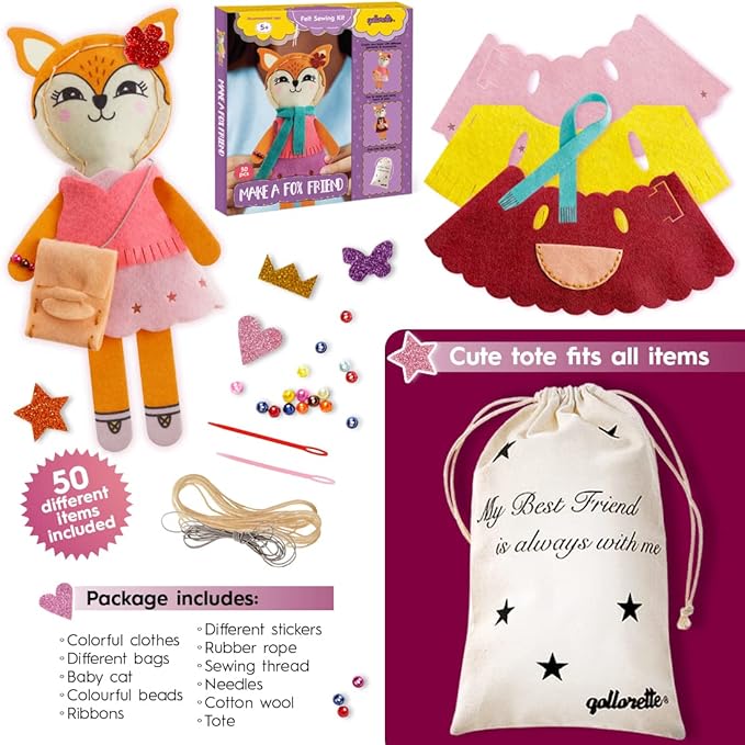 qollorette Felt Sewing Kit for Children, Make Your Own Fox Toy, Kids' Craft Kit - Make A Friend Sew Kit - Beginner Sewing Kit for Kids, Learn to Sew & Play