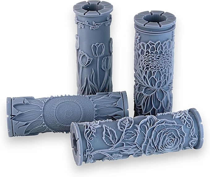 Garden Flower Collection Clay Texture Rollers 4-Pack (4") - Flower Set #01 - Embossing Pattern Rollers for Polymer & Ceramic Clay, Pottery & Crafts