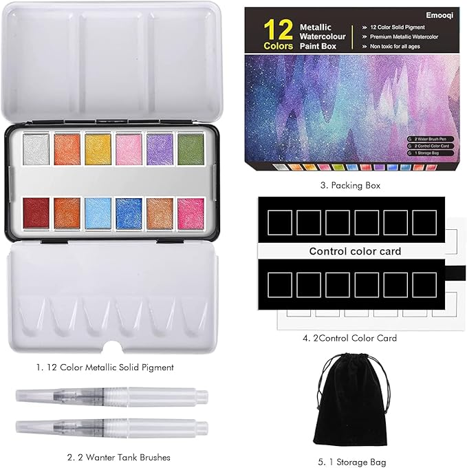 Emooqi Watercolor Paints Set, Metallic Glitter Watercolour Solid Paint Include 12 Metallic Glitter Color 2 Water Brushes 2 Color Card Storage Bag, Ideal for Illustrations Painting.