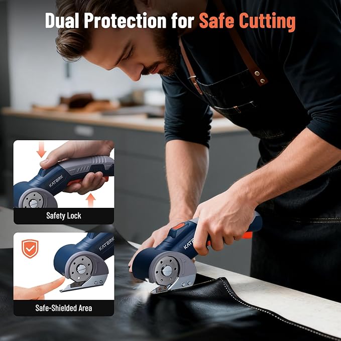 Electric Box Cutter, Katerk Cordless Electric Scissors with Safety Lock & LED Light, Cardboard Cutter, Ambidextrous Use, Rotary Cutter for Fabric, Leather, Plastic, Crafting