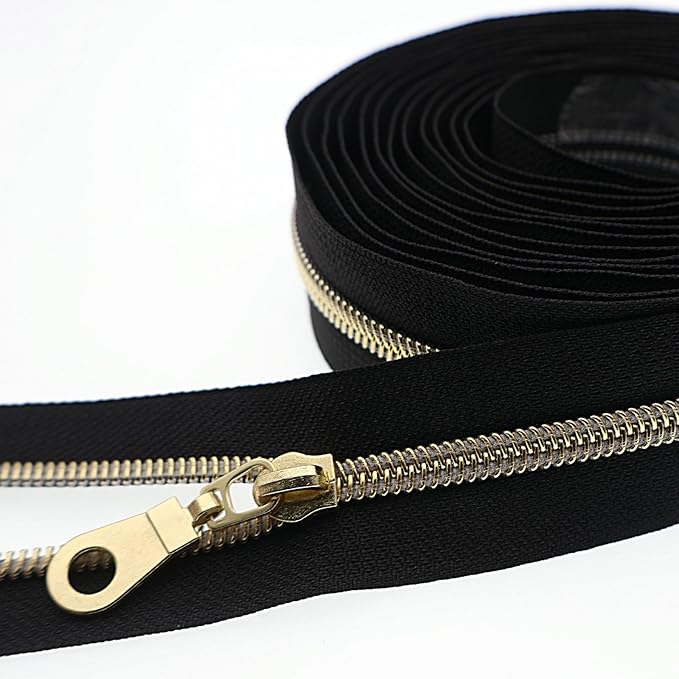 #5 Gold Metallic Nylon Coil Zipper by The Yard, Bulk 10 Yards Black Tape Gold Teeth with 25PCS Gold Zippers Pulls for Sewing, Bags, Purses YIGUANXIN