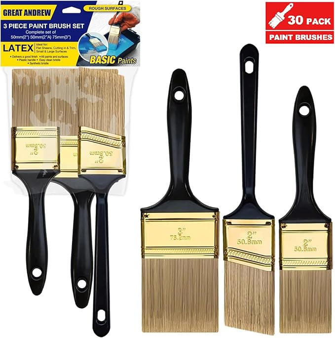 Great Andrew Paint Brushes, 30 PCS (2" 3" Flat & 2" Angled) Bulk Paint Brush Pack Multi use, Paint Brushes Set for Walls Fences Trim Home Furniture