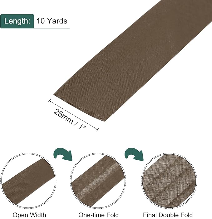 MECCANIXITY 1 Inch Double Fold Bias Tape Polyester Continuous Bulk Bias Tape for Sewing,Seaming Quilting Hemming Binding Crafts (Brown 10 Yards)