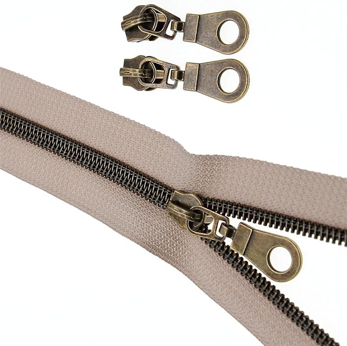 #5 Antique Brass Metallic Nylon Coil Zippers by The Yard Bulk Beige Tape 10 Yards with 25Pcs Pulls for DIY Sewing Craft Bags YIGUANXIN