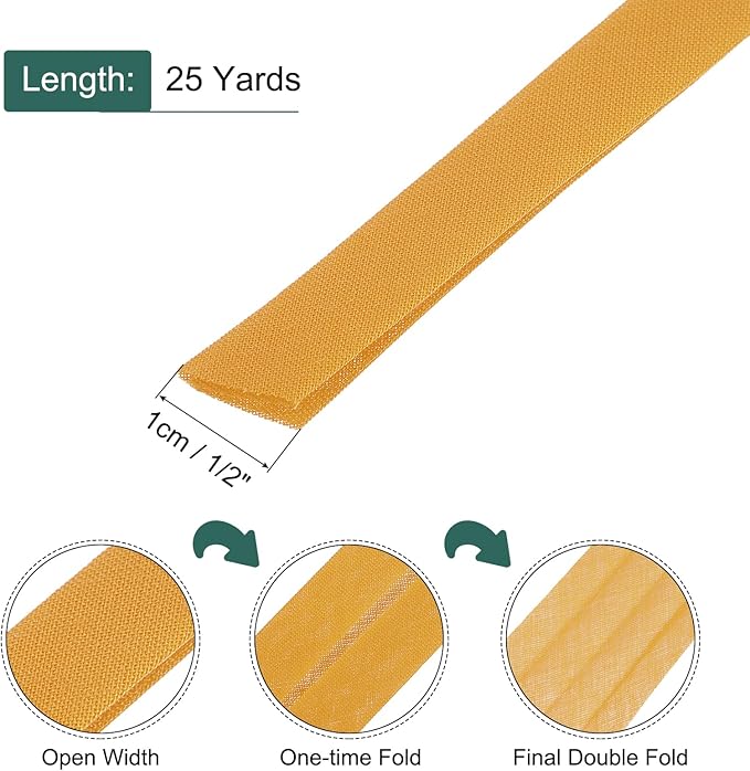 MECCANIXITY 2/5 Inch Double Fold Bias Tape Continuous Bulk Bias Tape for Sewing, Seaming Quilting Hemming Binding Crafts (Dark Yellow 25 Yards)