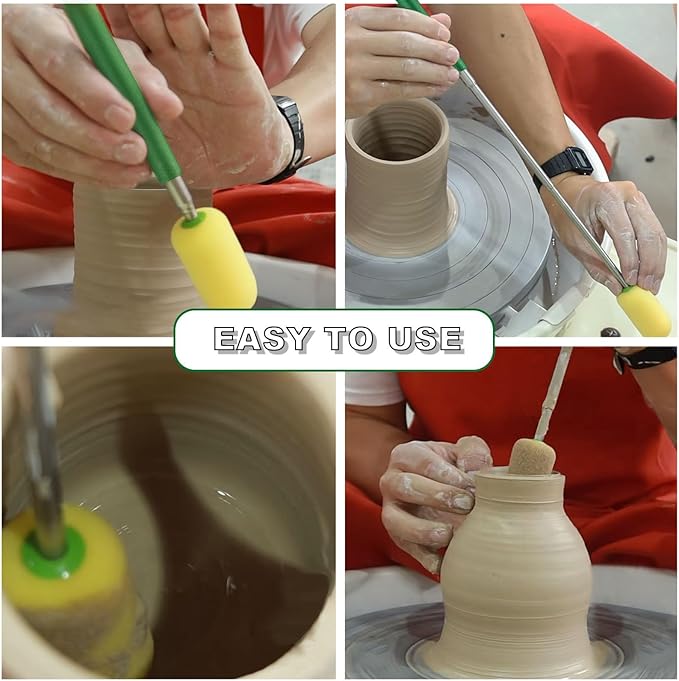 1 Pcs Telescoping Sponge Stick for Pottery – Remove Excess Water & Shape Pottery Pieces in Tall/Narrow Forms, with 2 Detachable Sponge Heads, Pottery Tool, 38" Long (1 Stick)