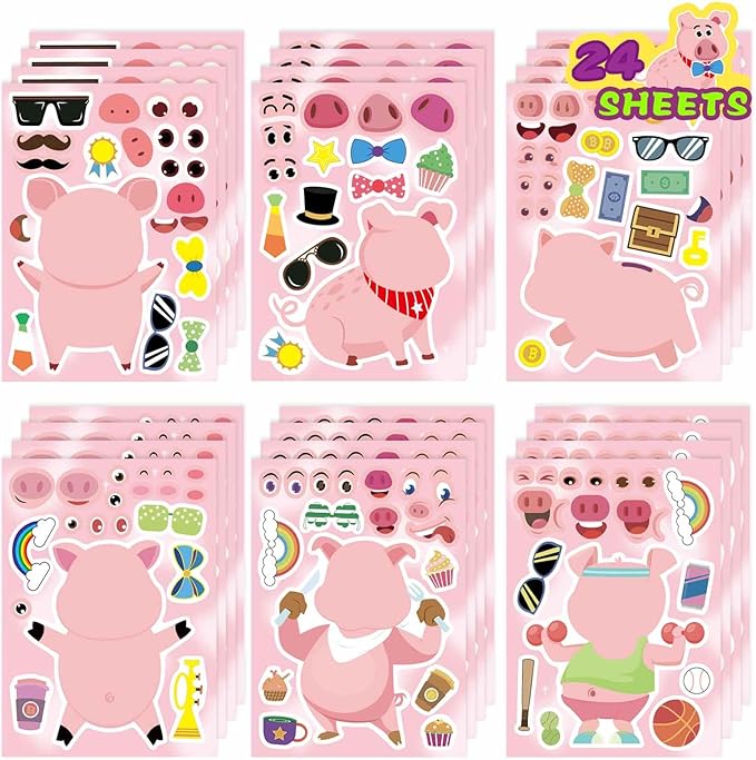 24PCS Pig Stickers for Kids Toddlers, Make-a-face Stickers, Make You Own Kawaii Pink Piggy Stickers Cute Animal Stickers for Brithday Party Favor Supplies Gifts, Teacher Classroom Reward