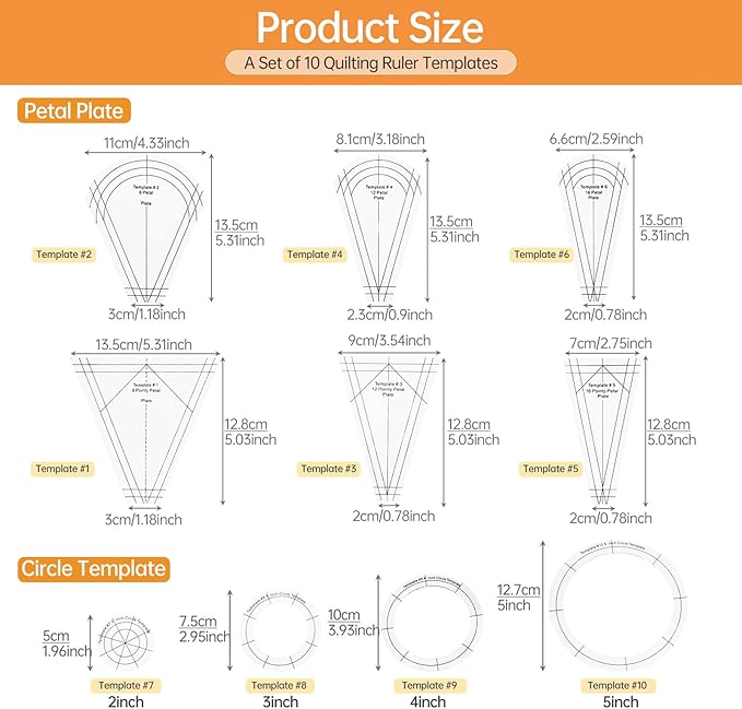 10Pcs/Set Acrylic Quilting Template Ruler with Different Shapes, Triangle Rulers for Sewing Machine Domestic Templates DIY Quilting Ruler for Clothing Craft Quilting Design