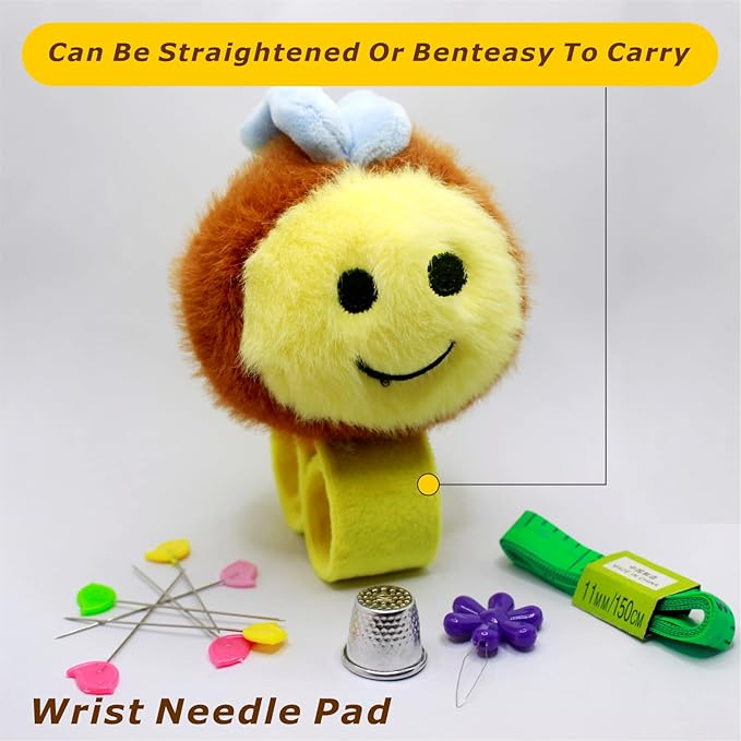 Cute Bee Wrist Pin Cushion Kit for Sewing with 50 Lovely Bird Needles,Including Threader, Thimble ＆Tape Measure for Needlework or DIY Crafts.