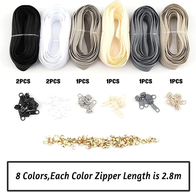 Zippers by The Yard for Sewing, DOITEM 2.8 mm Zippers 22.4 m Nylon Endless Zip Set with Slider and Zip for Sewing and Crafts – 6 Colors