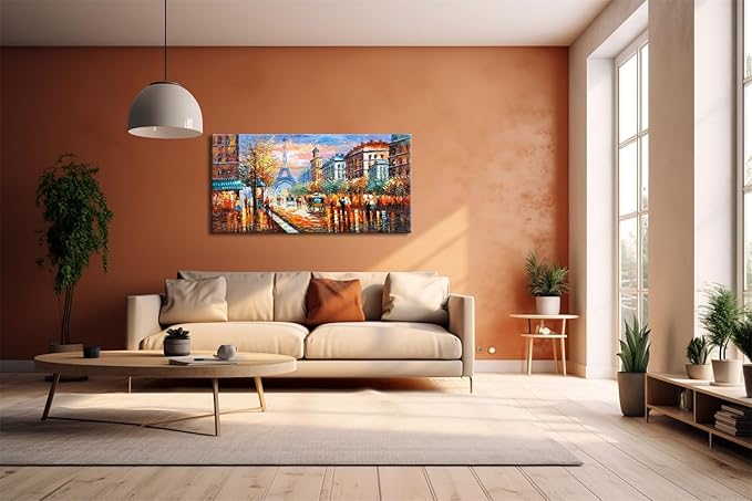 Alenoss Modern Oil Paintings 48x24 Inches Paris Eiffel Tower Landscape Large Canvas Wall Art Abstract Paintings for Living Room Bedroom Office Wall Decor Ready to Hang