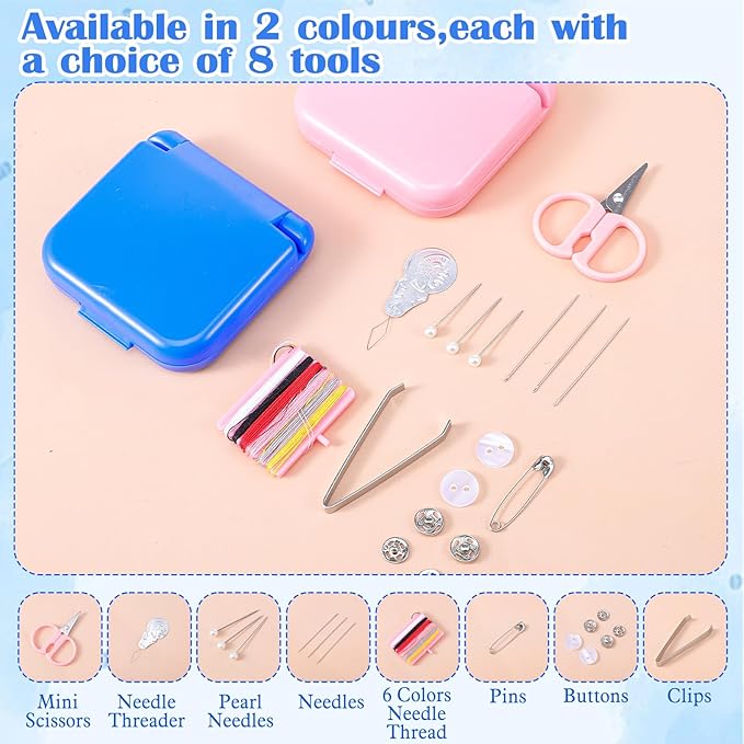 2 Pack Mini Travel Sewing Kit, Portable Emergency Repair Kit, Square-Shaped Plastic Sewing Box with Threads, Scissors, Needles for Women, Mom, Travelers, DIY Craft, Beginner Friendly (Blue/Pink)
