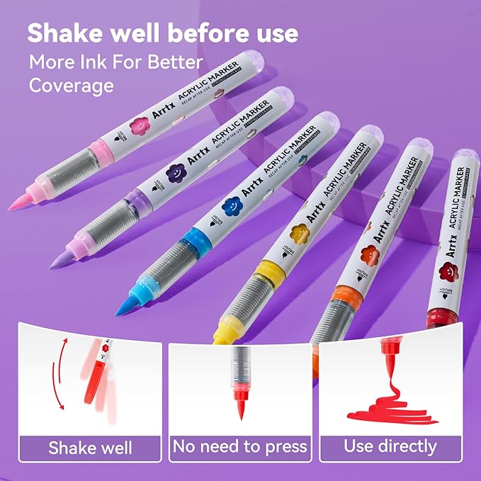 Arrtx 60 Colors Acrylic Markers - Brilliant & Vivid, Water-Based Quick-Dry Ink, Flexible Brush Tip, Waterproof After Drying, Non-Toxic, for DIY Project,Metal,Glass,Fabric,Plastic Multiple Surfaces