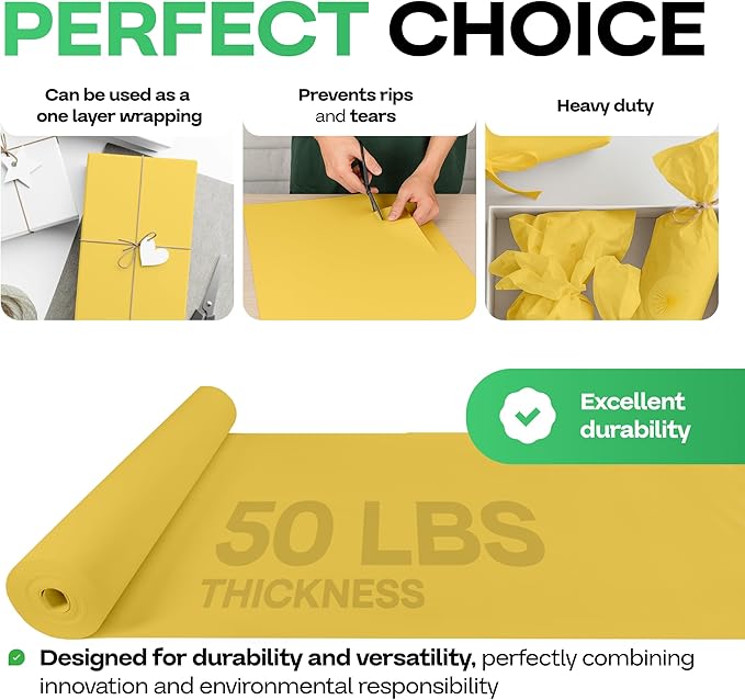Yellow Kraft Paper Roll 36" x 1200" (100 feet) with Cutter - USA-Made Gift Wrapping Paper for Packing, Moving, Shipping & Crafts/Arts - 100% Recyclable Natural Craft Material by IDL Packaging