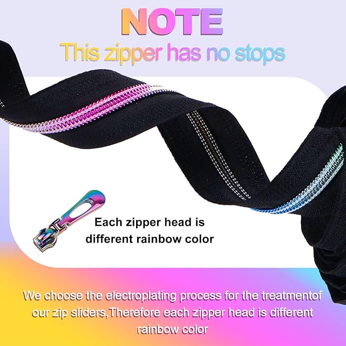 #5 Rainbow Zipper Tape by The Yard 5 Yards Colorful Teeth Nylon Zippers with 10 Pcs Metal Rainbow Zipper Pullsfor DIY Sewing Tailor Crafts (Black，Rainbow)