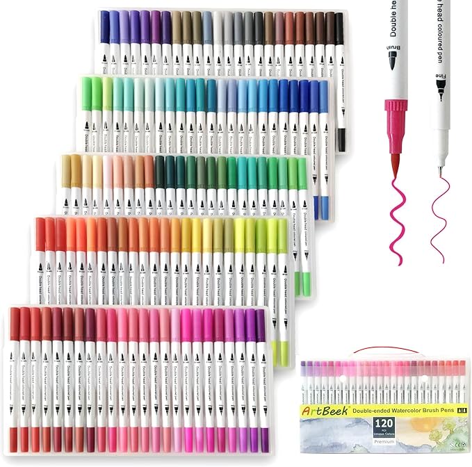 ArtBeek Dual Tip Brush Marker Pens 120 Color Markers for Adult Coloring Markers Set for Coloring Books Bullet Journals Planners