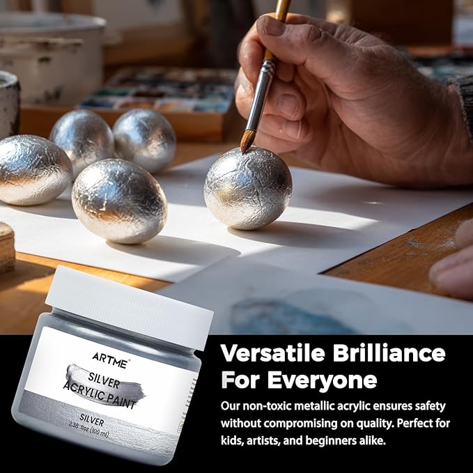 ARTME Metallic Silver Acrylic Paint, 100ml Silver Paint for Art, Hand-crafts, Non-Toxic, Non-Fading, Ideal for Canvas, Wood, Fabric, Ceramic, Stone Craft Supplies
