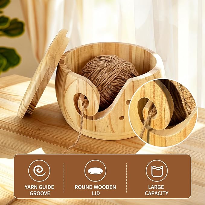 Large Wooden Yarn Bowl with Removable Holder & Lid | 2-in-1 Handmade Crochet and Knitting Yarn Organizer for Tangle-Free Crafting | Yarn Storage Box with Smooth Feed Holes