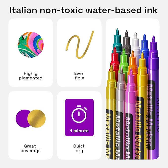 ARTISTRO 12 Metallic Paint Pens for Glass Marking, Rock Painting, Ceramic, Wood, Fabric, Scrapbooking, DIY Craft Making, Coloring - Acrylic Paint Markers Extra-Fine Tip 0.7mm