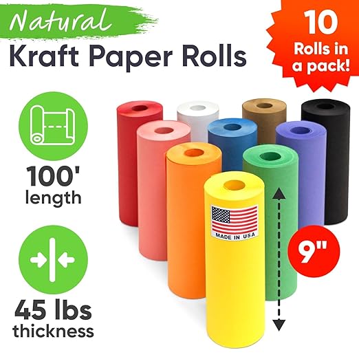 9" x 1200" USA-Made Multi-Color Kraft Paper Rolls, 45 lbs/66 GSM, 10 Rolls Set - Colored Kraft Paper for Packing, Crafts, DIY Projects, Gift Wrapping - Non-Toxic, Safe for Kids