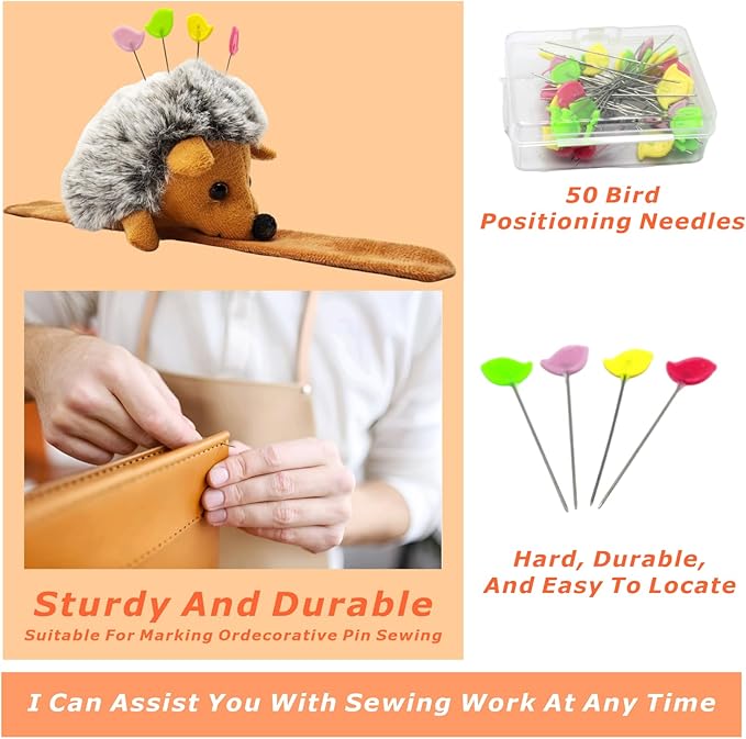 Cute Hedgehog Wrist Pin Cushion Kit for Sewing with 50 Lovely Bird Needles,Including Threader, Thimble ＆Tape Measure for Sewers Gift for Quilters.