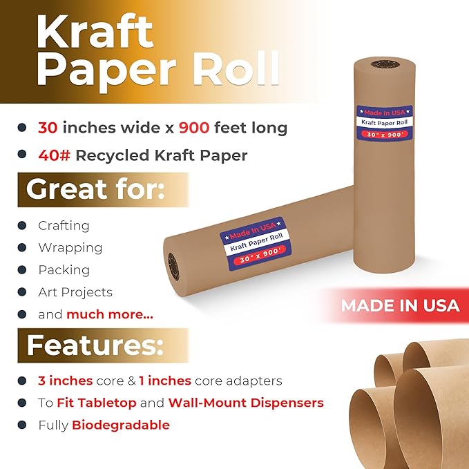 POS Paper USA 30" x 900' - Brown Kraft Paper Roll 40# Kraft Paper - (1 Roll/Case)