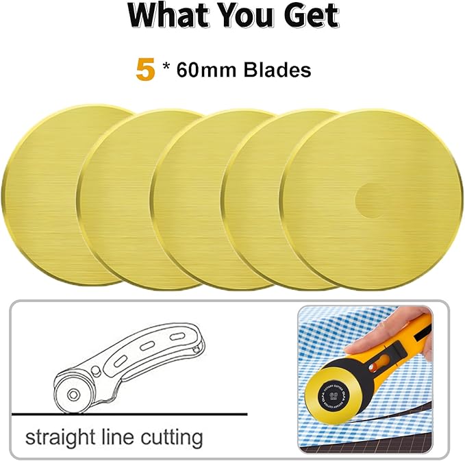 Rotary Cutter Blades, 60mm Replacement Blades 5-Pack, Fits Fiskars,OLFA,Martelli,Dremel,Truecut,DAFA,Fabric Cutting Blades Refill for Quilting Scrapbooking Sewing Arts &Crafts, SKS-7,(Titanium Coated)