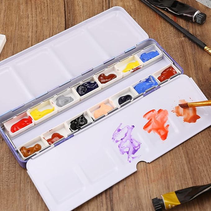 MYARTOOL Empty Watercolor Palette, Empty Watercolor Tin with Fold-Out Palette, Paint Tray Palette with 12 Empty Full Pans for DIY Travel Watercolor Palette, Acrylic Painting