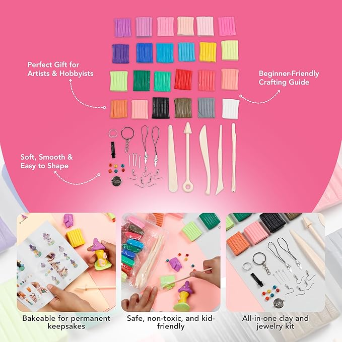 Incraftables Polymer Clay Kit – 24-Color Non-Toxic Oven-Bake Clay Set with Tools, Cutters, Molds, Jump Rings & Keychain Rings for Jewelry, Miniatures & Sculpting – Ideal for Kids & Adults
