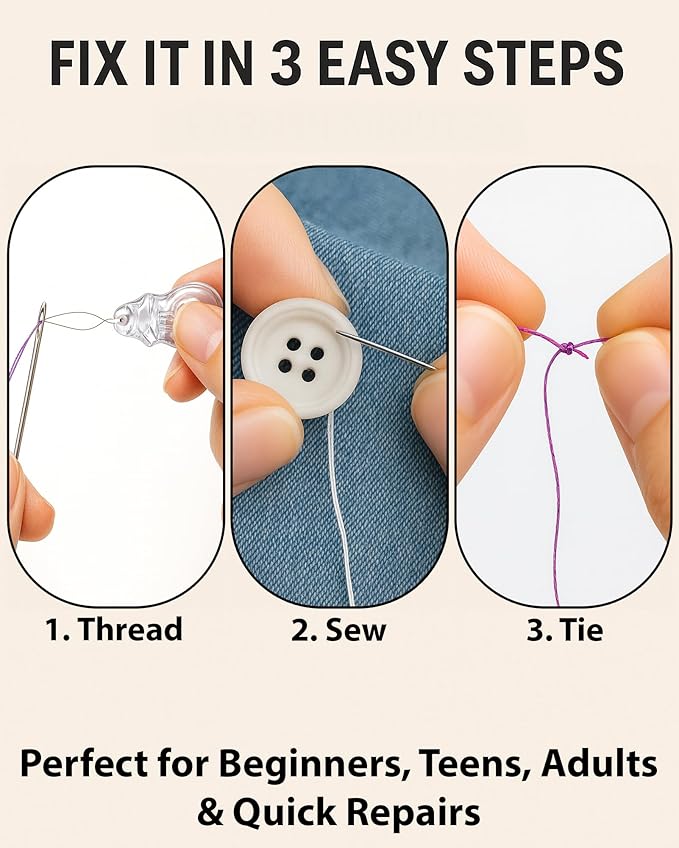 Easy to Use Light Grey Sewing Kit - Christmas Gifts for Girls, Teens, Moms & Kids - Beginner Hand Sew Kit for Clothing Repairs. Includes 30 Needles, Thread, and All Essential Supplies for Small Fixes
