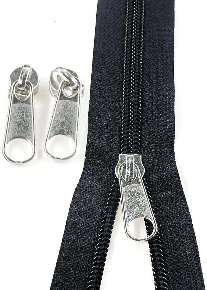 Leekayer #3 Black Nylon Coil Zippers by The Yard Bulk 10 Yards with 25pcs Silver Sliders for DIY Sewing Tailor Craft Bag(Black)