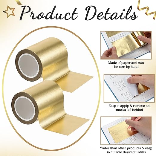 2 Rolls Gold Washi Tape 64mm x 10m Foil Self Adhesive Masking Tape DIY Craft Gift for Wrapping Scrapbooking Decoration