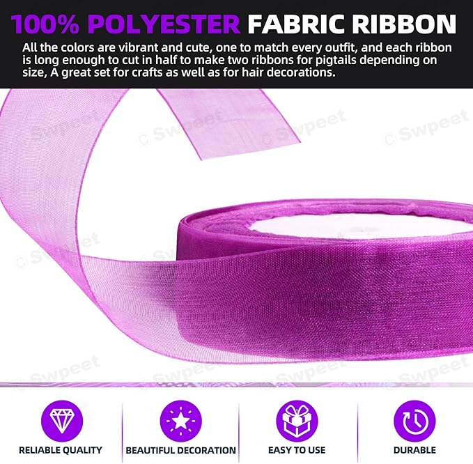Swpeet 2 Rolls 50 Yards x 1 Inch Purple Shimmer Sheer Fabric Ribbons Organza Ribbon, Transparent Sheer Ribbon Chiffon Fabric Ribbons for Bouquets Wedding Birthday Decoration