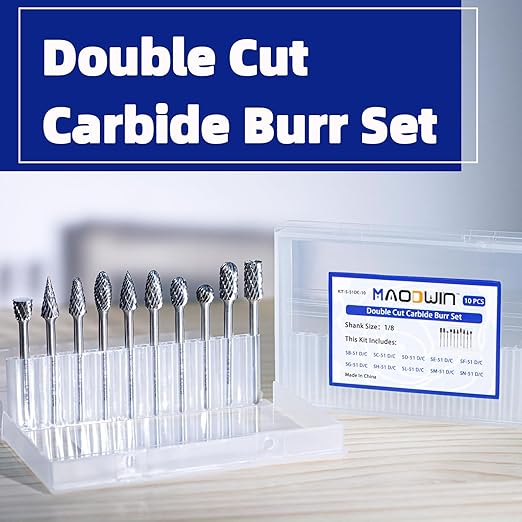 Carbide Double Cut Rotary Files Set of 10 PCS 1/4" Cutting Diameter 1/8" Shank Carbide Burrs of Rotary Tools for Metalworking, Wood Carving
