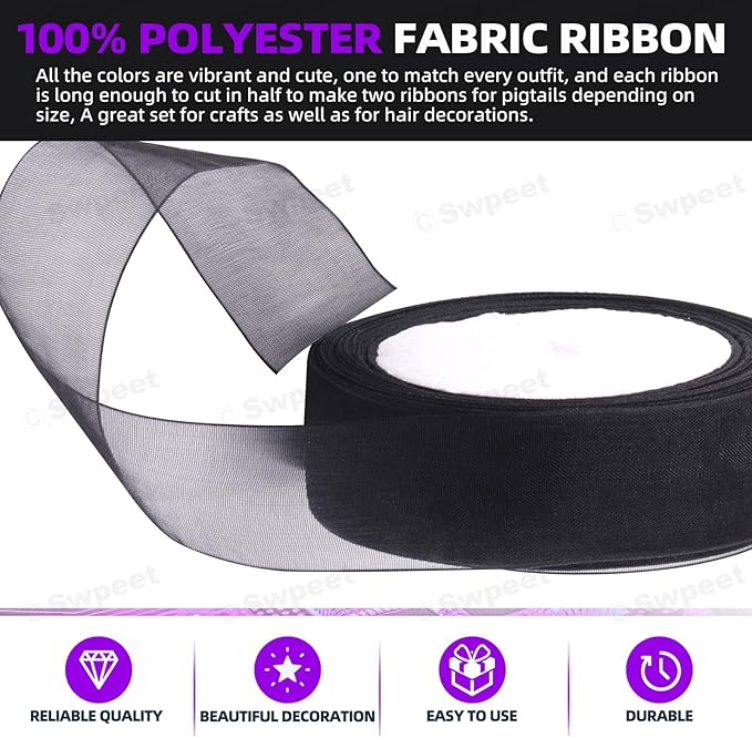 Swpeet 2 Rolls 50 Yards x 1 Inch Black Shimmer Sheer Fabric Ribbons Organza Ribbon, Transparent Sheer Ribbon Chiffon Fabric Ribbons for Bouquets Wedding Birthday Decoration