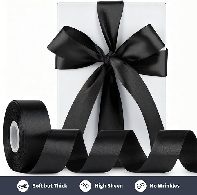 1-1/2 Inch Wide Black Satin Ribbon, 50 Yards Solid Polyester Fabric Ribbon for Roses Making, Gift Wrapping, Valentine's Day, Wedding Decorations, Crafts, Bows