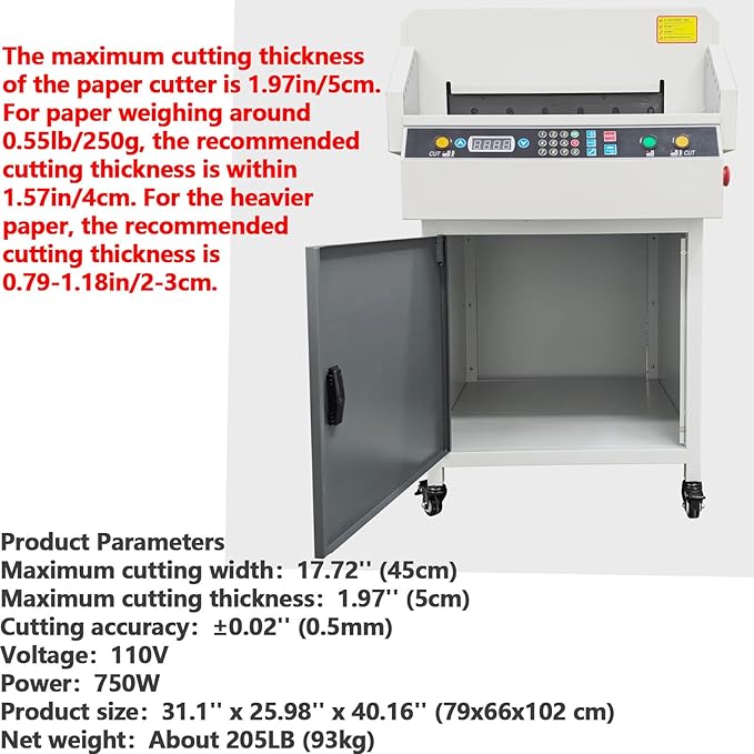 Electric Numerical Control Paper Cutter 17.72'' Automatic Guillotine Paper Trimmer Heavy Duty Commercial Cutting Machine Max Cutting Thickness 1.97''/5cm 110V 750W