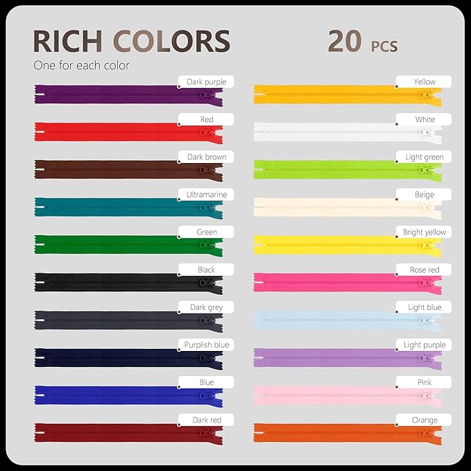 20Pcs Resin Zippers #5 Non-Separating Close-End Zipper with Pulls for Sewing Clothing Bag Outerwear Pockets Handbag Crafts DIY Mixed 20 Colors (30cm/12in)