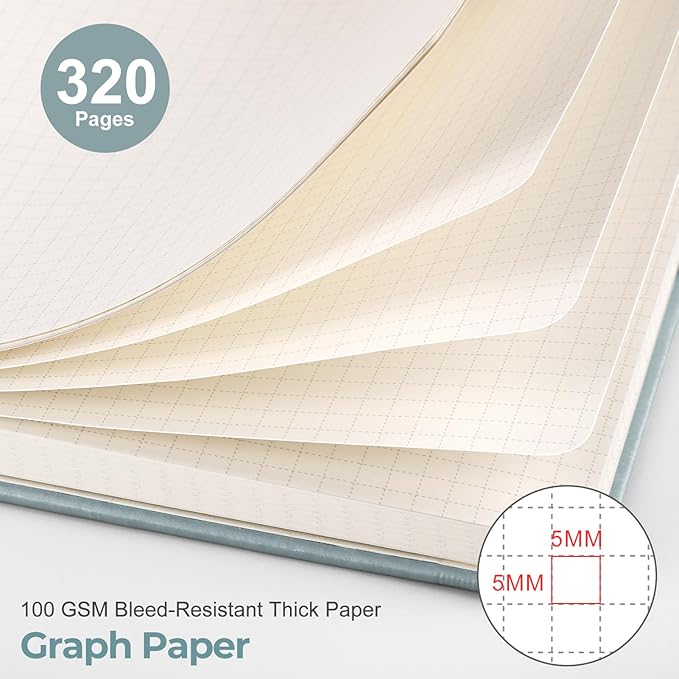 EMSHOI A5 Graph Paper Notebook, 320 Pages Hardcover Leather Journal, 100gsm Thick Square Grid Paper for Work, School, Math, Engineering, Writing & Graphing – 5.75”x8.38” GrayBlue