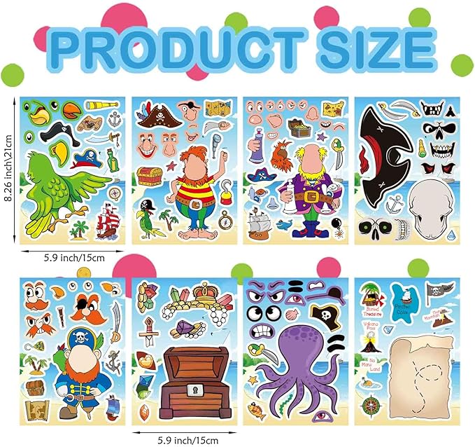 24 Sheets Pirate Stickers for Kids, Make Your Own Pirate Stickers, Make-a-face Stickers, Jolly Roger Stickers, Skull and Crossbones Stickers, Pirate Themed Party Decorations