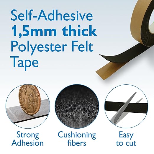 FindTape Polyester 1.5mm Felt Tape – 1 in. x 10 ft. Felt Strips with Adhesive Backing and Furniture Strips, Great for Arts and Crafts, Classrooms, and Protecting Furniture (Black)