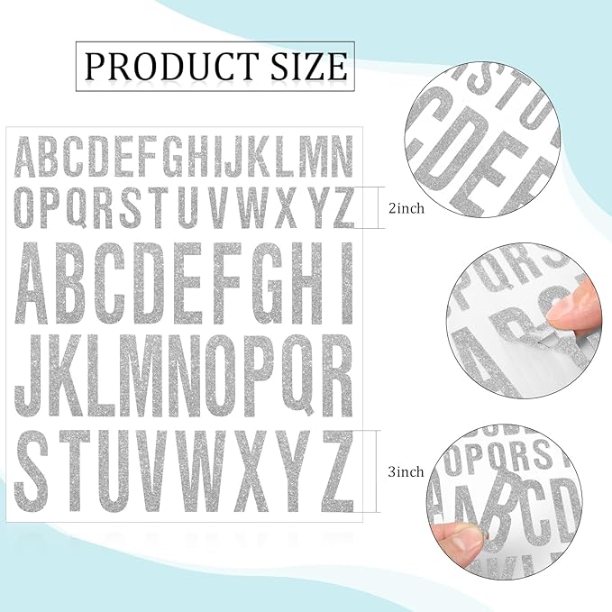 8 Sheet Glitter Letter Stickers Vinyl Alphabet Stickers Waterproof Self Adhesive Stick on Letters for Poster Bulletin Board Mailbox School Classrooms Decor(2 Inch, 3 Inch,Silver)