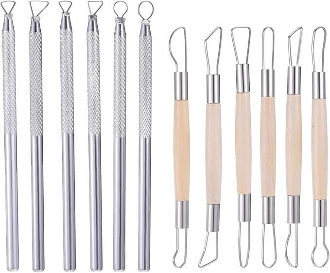 12PCS Double-Sided Clay Sculpting Tools, Wooden Handle Clay Carving Tools Clays Wire Loop Sculpture Set Clays Pottery Sculpting Tool Set for Ceramic, Carving Modeling
