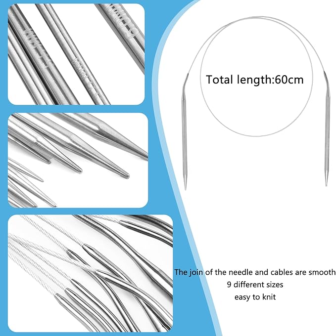 Circular Knitting Needles Set,9 Pack Stainless Steel Knitting Needles Kit (24 Inch/60cm),Round Short Metal,9 Sizes from 2mm-6mm,with Small Tools for Beginners,Making Sock,Doll Clothes,Weave DIY Lover
