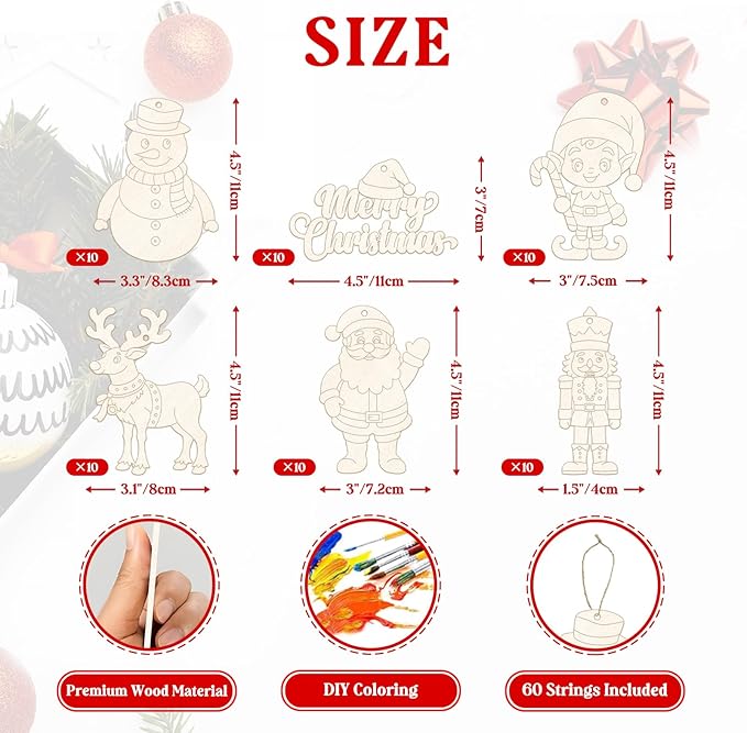 60 PCS Wooden Christmas Ornaments for Crafts, Cute Blank Unfinished Wood Christmas Tree Ornament, Xmas Wood Slices DIY Art Crafts, Holiday Home Wall Mantel Hanging Decorations Party Supplies