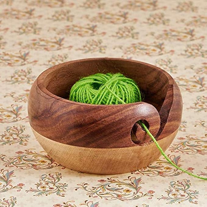 Christmas Gifts Wooden Yarn Bowl Knitting Bowl Large Crochet Yarn Holder Handmade Crocheting Accessories and Supplies Organizer 7 x 3 (Two Tone)